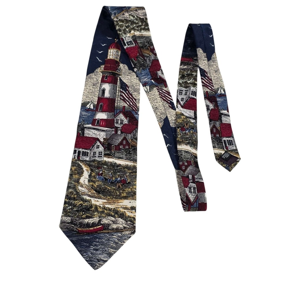 Tango by Max Raab Americana Lighthouse Scene Mens Silk‎ NeckTie Nautical Novelty